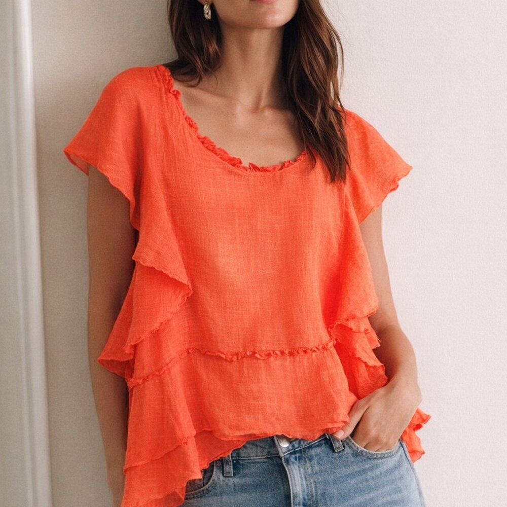 Maeve (Anthropologie) lightweight cotton gauzy blouse, ruffles tiered, cotton